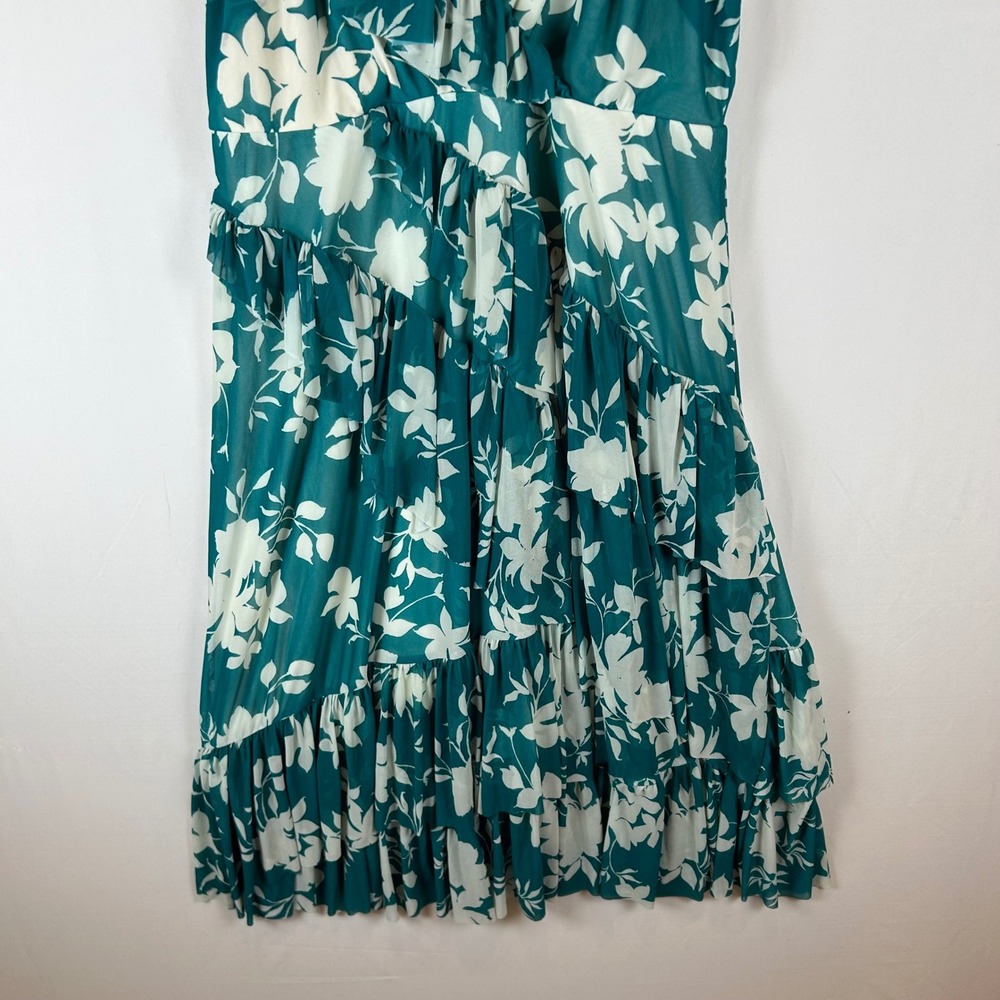 NEW Torrid Teal Shadow Floral Mesh Asymmetrical Ruffle Skater Midi Dress 2X - Picture 9 of 13